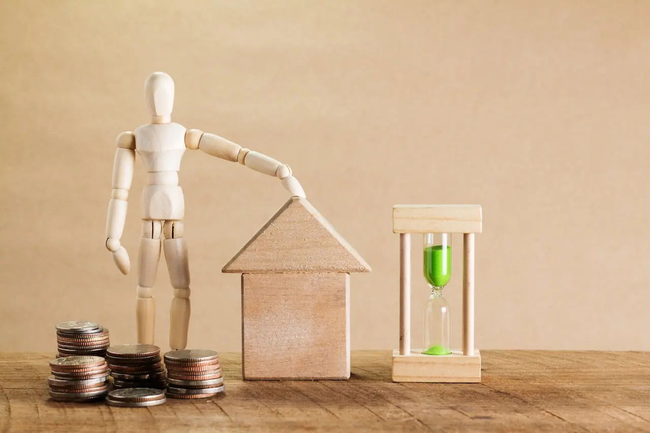 Wooden mannequin with house model, coins, and hourglass symbolizing financial planning. Wooden mannequin with house model, coins, and hourglass symbolizing financial planning.