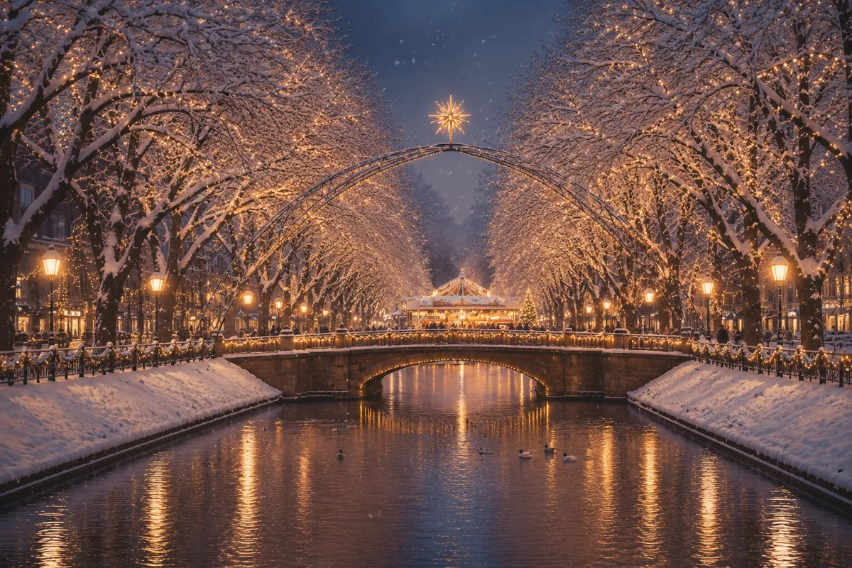 Snow-covered Düsseldorf canal at winter evening, framed by bare trees wrapped in warm Christmas lights. A softly lit bridge crosses the water, with festive decorations, glowing streetlamps, gentle snowfall, and golden reflections shimmering on the canal. Snow-covered Düsseldorf canal at winter evening, framed by bare trees wrapped in warm Christmas lights. A softly lit bridge crosses the water, with festive decorations, glowing streetlamps, gentle snowfall, and golden reflections shimmering on the canal.
