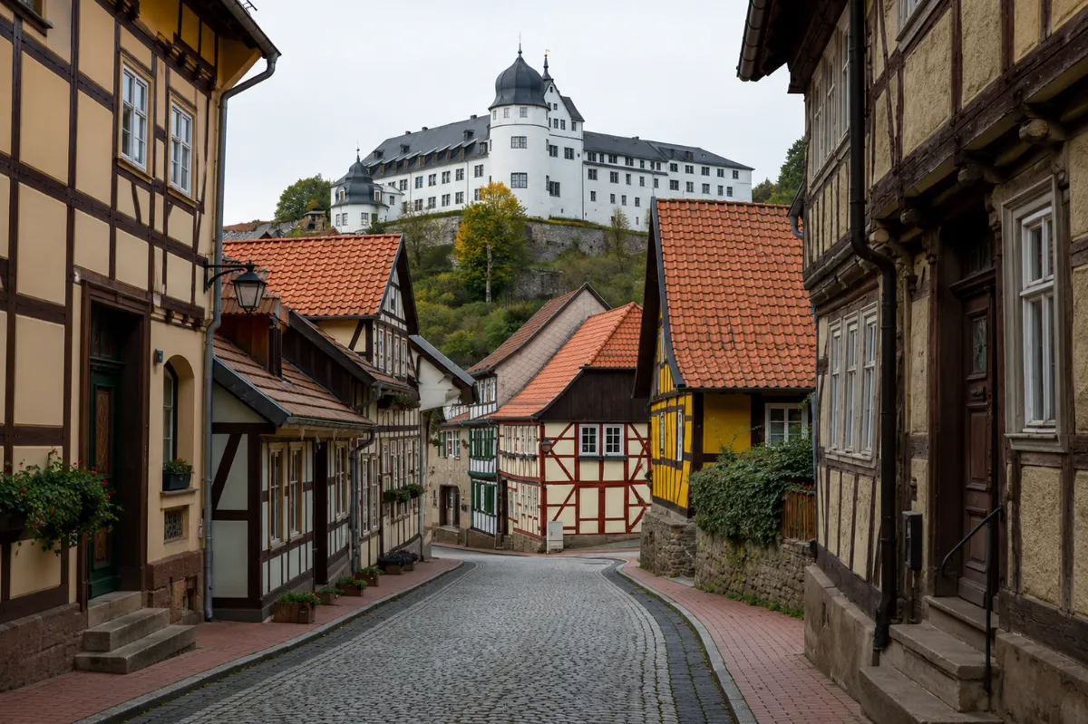A quaint street in Stolberg, showcasing historic half-timbered houses and a castle. A quaint street in Stolberg, showcasing historic half-timbered houses and a castle.