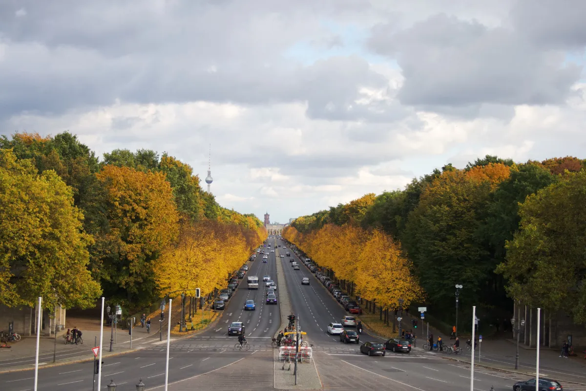 A vibrant autumn avenue with fall colors in Berlin&rsquo;s Tiergarten, showcasing city traffic and scenic trees.